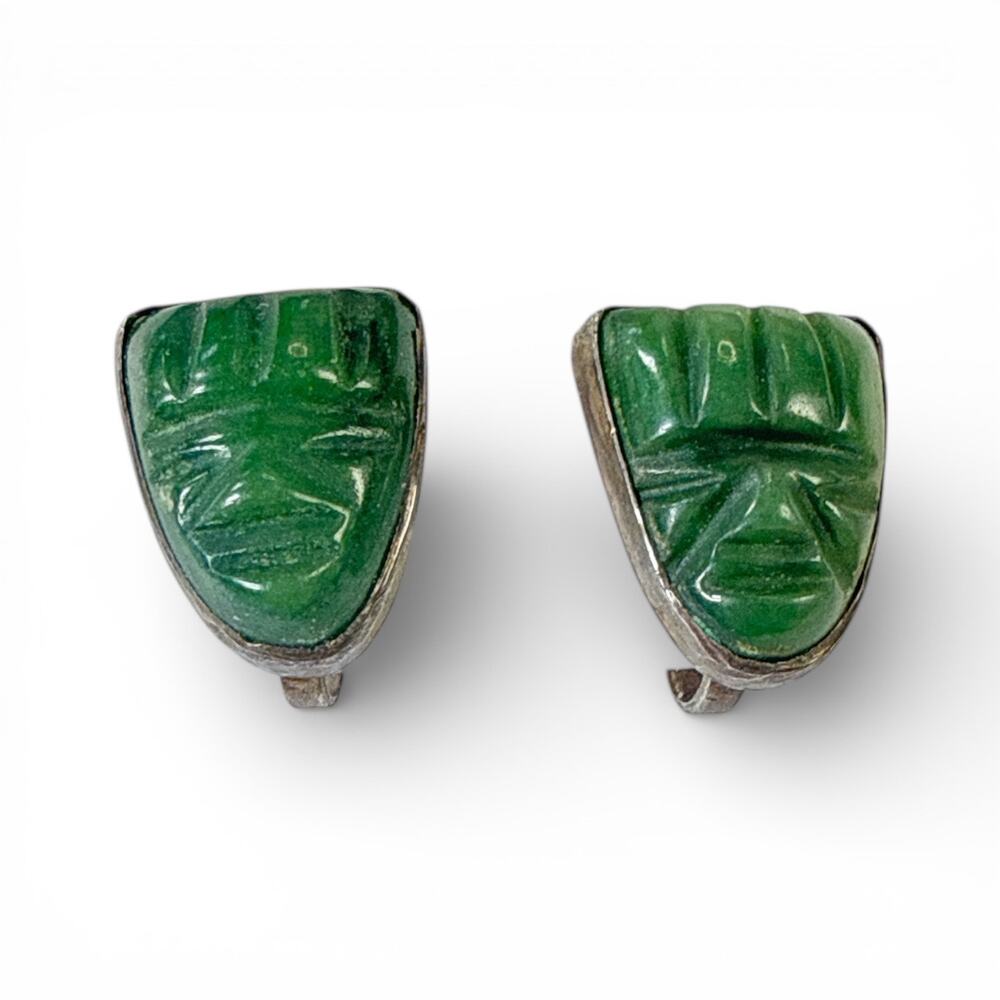 Vintage Mid-Century Mexican Silver & Carved Green Stone Aztec Warrior Earrings